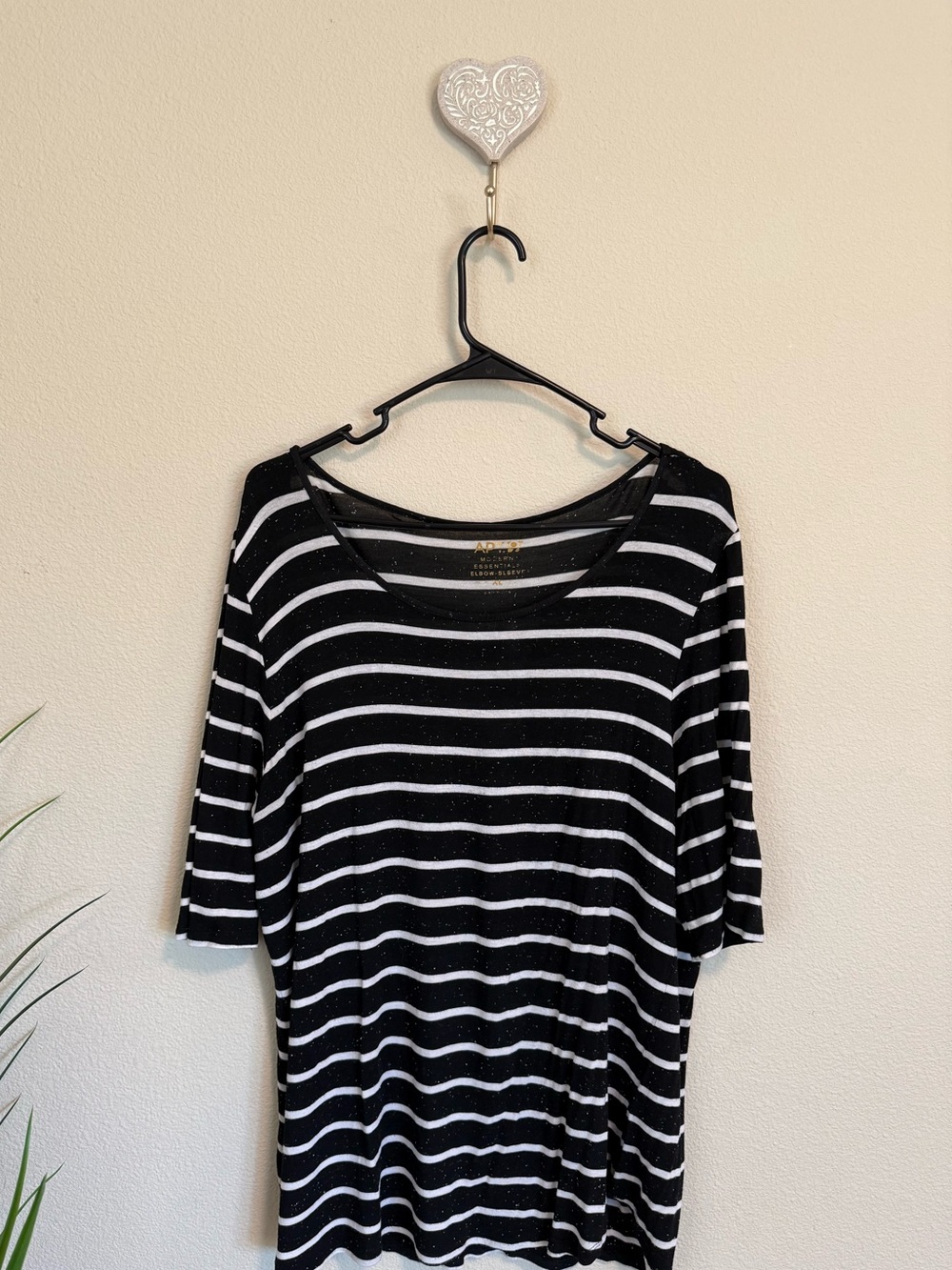 Essentials Black & White Striped elbow Sleeve Scoop Neck Top